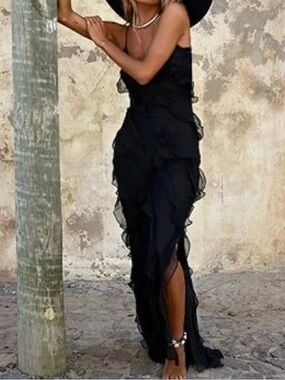 Paris Hilton Elegant Black Ruffle Maxi Dress for Women